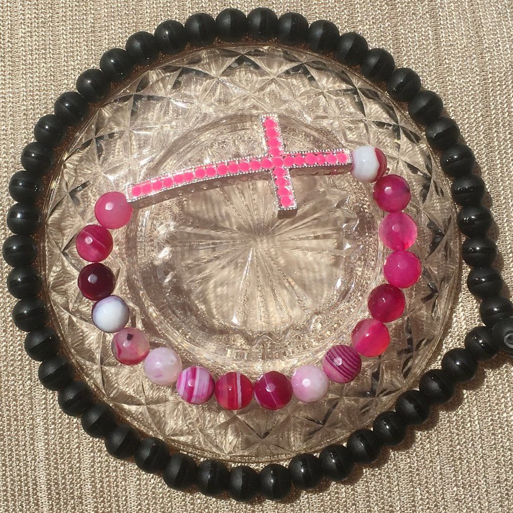 Crystal Cross Collection: Pink Agate Precious Stones Bracelet - Picture 4 of 6